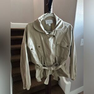 Anthropologie Beige Bomber Jacket w Cinched Waist & Tie